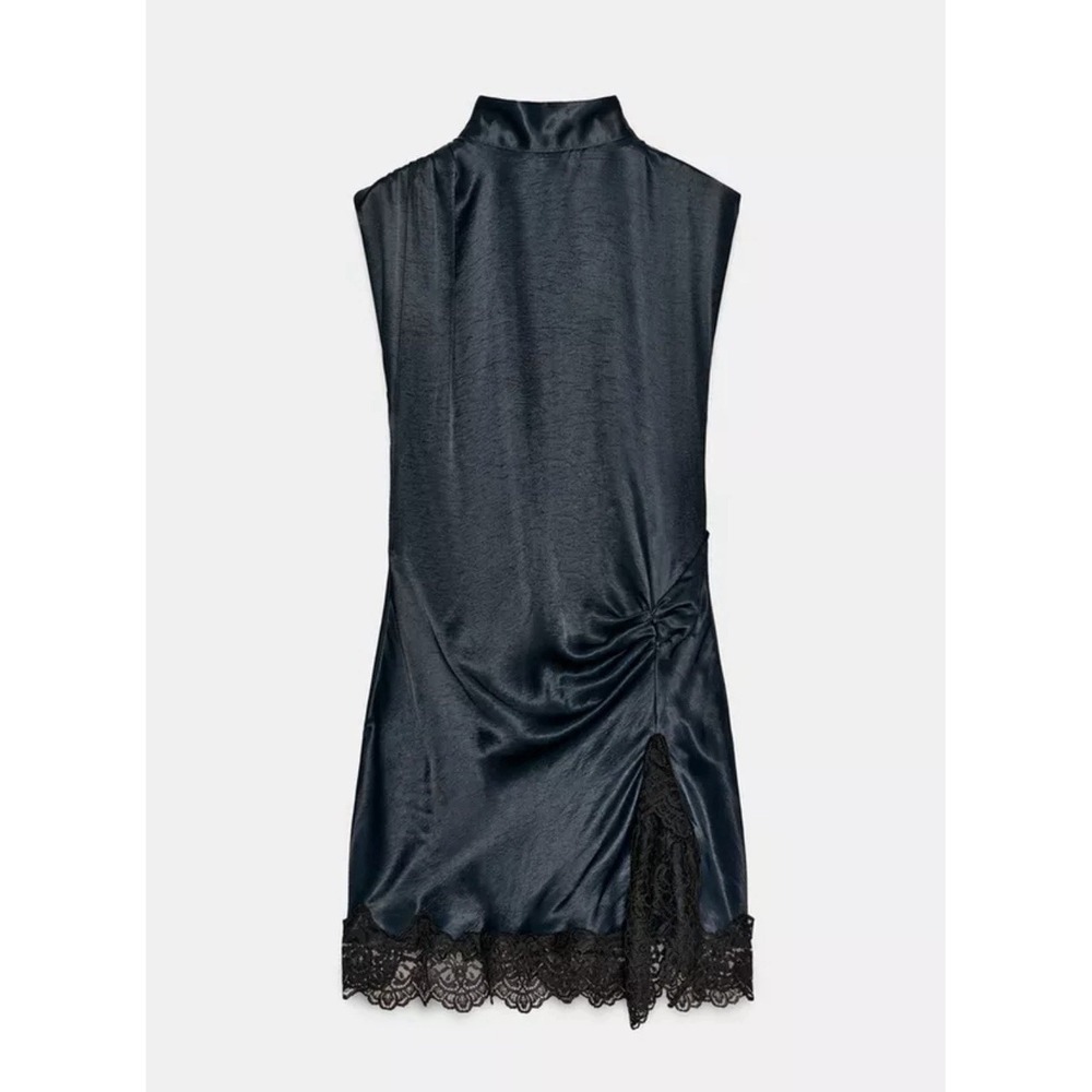 Zara Black Satin-Effect Mini Dress with Lace Hem